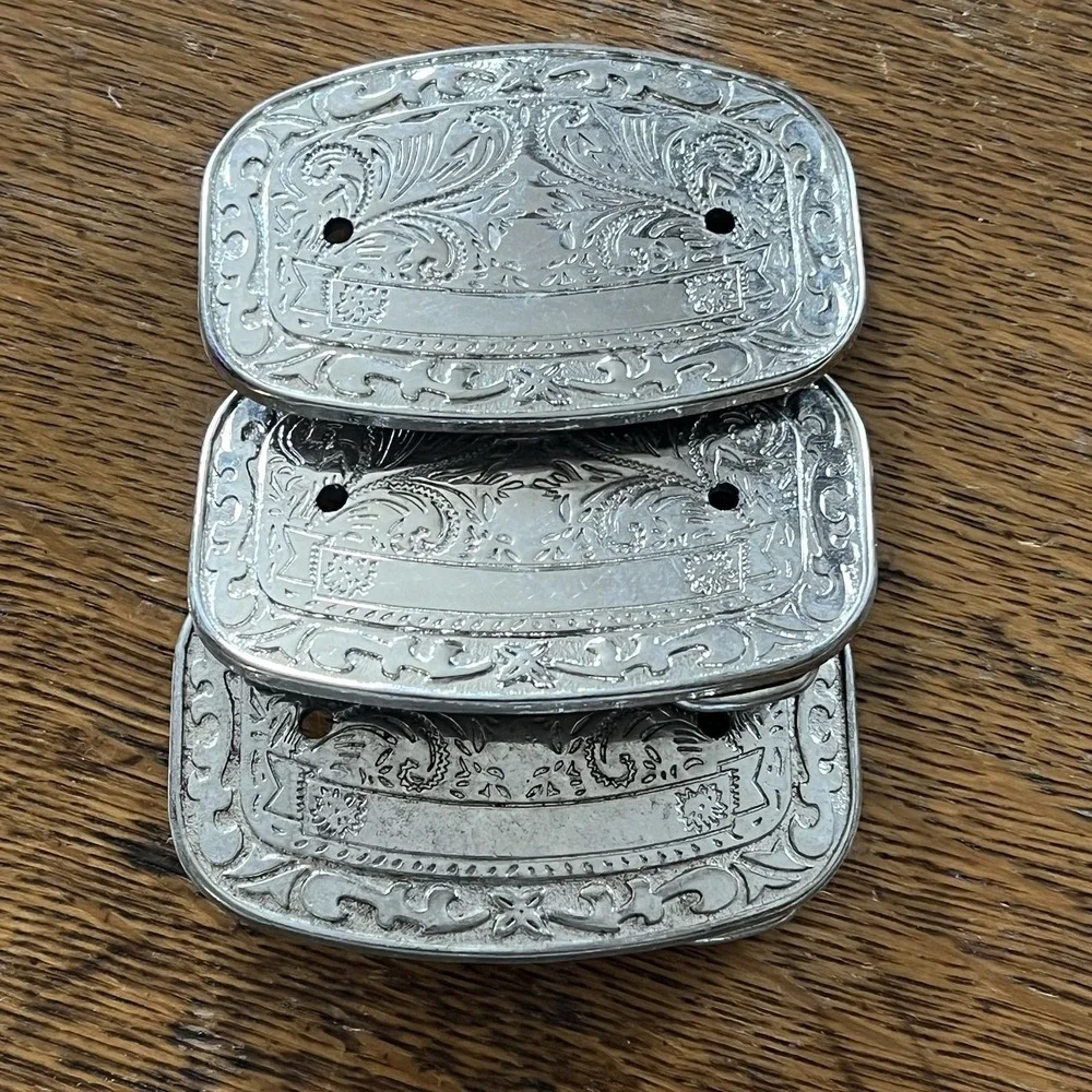VTG Lot of 3 USA Western Belt Buckles Silver Tone Floral Engravable Oval Banner